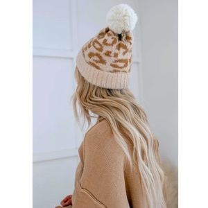 Fuzzy Ivory Leopard Pom Beanie